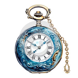 Watercolor-Style vintage antique pocket watch with White Background