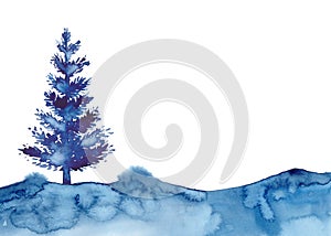 Watercolor style XMAS pine tree and snow isolated illustration of Christmas New Year. Wallpepr or banner. Blue color