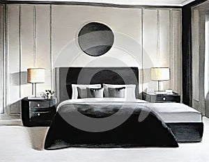 Watercolor of Stylish bedding and artwork in a chic and modern bedroom of a luxurious