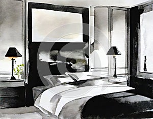 Watercolor of Stylish bedding and artwork in a chic and modern bedroom of a luxurious