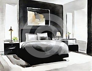 Watercolor of Stylish bedding and artwork in a chic and modern bedroom of a luxurious