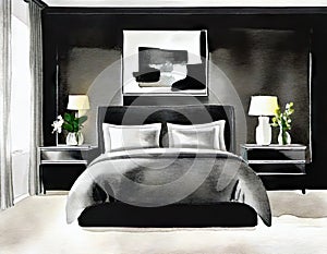 Watercolor of Stylish bedding and artwork in a chic and modern bedroom of a luxurious