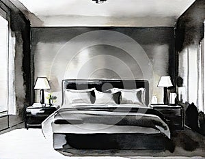 Watercolor of Stylish bedding and artwork in a chic and modern bedroom of a luxurious