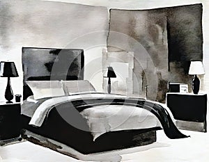 Watercolor of Stylish bedding and artwork in a chic and modern bedroom of a luxurious