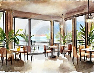 Watercolor of Stylish indoor restaurant with dreamy interior Overlooking scenic cafe