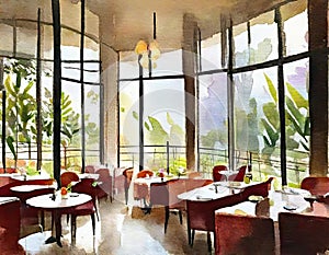 Watercolor of Stylish indoor restaurant with dreamy interior Overlooking scenic cafe