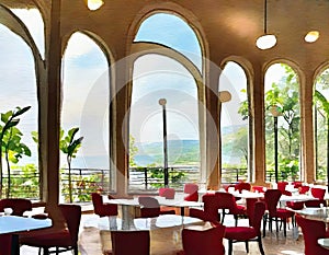 Watercolor of Stylish indoor restaurant with dreamy interior Overlooking scenic cafe
