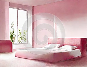 Watercolor of Stylish pink bedroom with trendy decor and