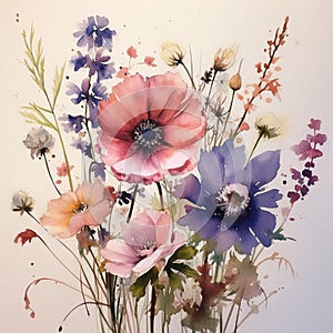 Watercolor subtle flowers boquet on a canvas