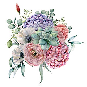 Watercolor succulent and hydrangea bouquet. Hand painted pink and violet flowers, cacti, anemone and ranunculus with