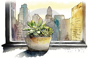 watercolor succulent plant growing in windowbox, with view of cityscape