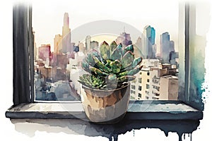 watercolor succulent plant growing in windowbox, with view of cityscape