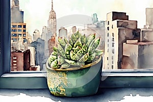 watercolor succulent plant growing in windowbox, with view of cityscape photo