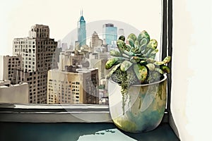 watercolor succulent plant growing in windowbox, with view of cityscape photo