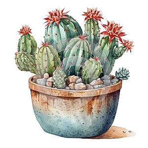 Succulent plant in a pot. Watercolor hand drawn illustration. AI Generated