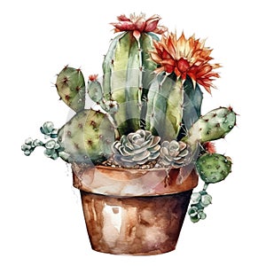 Succulent plant in a pot. Watercolor hand drawn illustration. AI Generated