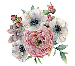 Watercolor succulent, ranunculus and anemone bouquet. Hand painted flowers, eucaliptus leaves, berries and succulent