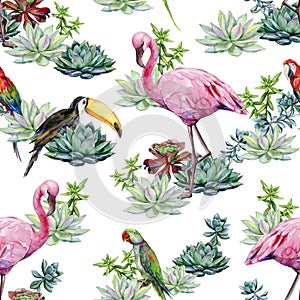 Watercolor succulents seamless pattern andgreen Alexandrine parrot.
