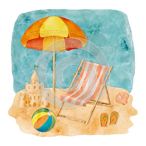 Watercolor summer beach illustration. Hand drawn beach umbrella, deck chair beach ball and sand castle with sand and
