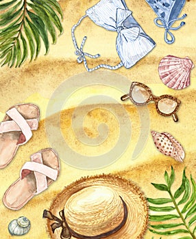 Watercolor summer beach set. Hand painted swimwear, hat, shells, palm leaf, sunglasses on sand background. Vacation vibes