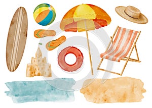 Watercolor summer beach vacation set. Hand drawn beach umbrella, chair, sun hat, flip flops, swim ring, sand castle
