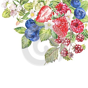 Watercolor summer berries greeting card. Fruits, strawberries, blueberries