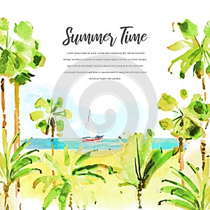 Watercolor summer bright hand draw vector illustration with palm trees, beach, boat and sea. Summer template frame for invitation