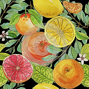 Watercolor summer citrus seamless pattern on black background