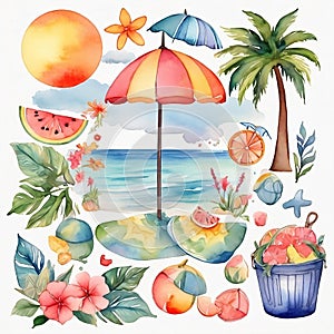 Watercolor Summer Clipart, decoration, background, beach, AI Generative