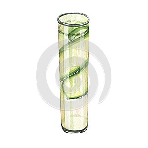 Watercolor summer cocktail cucumber water refreshing in glass. Hand-drawn illustration  on white background