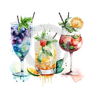 Watercolor summer cocktails set. Hand drawn illustration isolated on white background