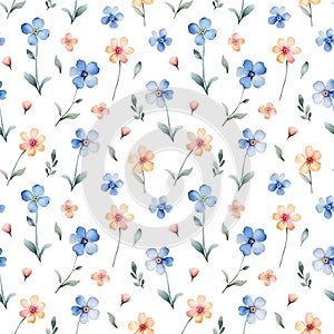Watercolor summer floral pattern isolated on white background