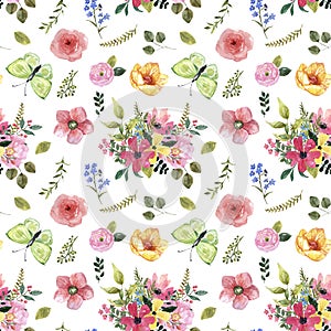 Watercolor summer flowers and butterfly seamless pattern. Cute botanical print, blooming meadow illustration