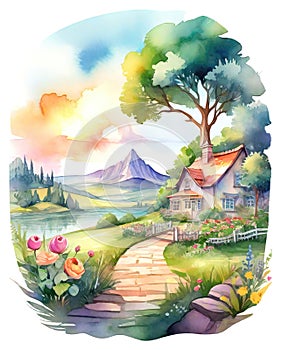 Watercolor summer idyllic landscape, fields and meadows full of flowers, children story book style illustration
