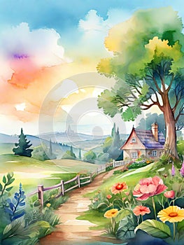 Watercolor summer idyllic landscape, fields and meadows full of flowers, children story book style illustration