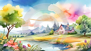 Watercolor summer idyllic landscape, fields and meadows full of flowers, children story book style illustration