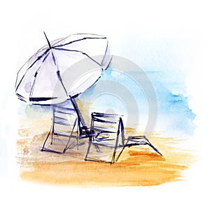 Watercolor summer landscape of two sun loungers under beach umbrella on sandy coast of azure sea. Hand drawn illustration of