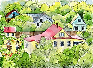 Watercolor summer landscape of the village with houses and gardens