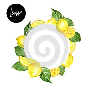 Watercolor summer lemon fruits border on white background. Hand painted fresh ripe yellow lemons and green leaves frame