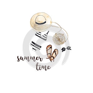 Watercolor summer logo. Hat, sunglasses, swimsuit, sandals and an inscription Summer time