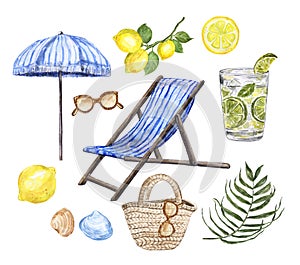 Watercolor summer marine illustration. Beach chair, umbrella, sunglasses, bag, mojito cocktail, isolated