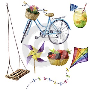 Watercolor summer pleasures set. Hand painted summer vacation objects: swing, cocktail, kait, fruit cake, bike and