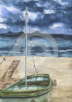 Watercolor summer print with sea landscape and old boat. Hand painted stormy sky with clouds, sea, sand coast, shallop