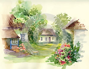 Watercolor summer rural landscape with trees at countryside.