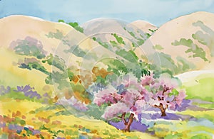 Watercolor summer rural landscape vector illustration