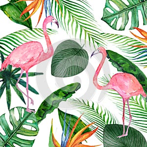 Watercolor summer sale banner of tropical leaves and the pink Flamingo isolated on white background.