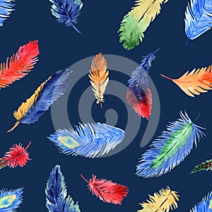 Watercolor summer seamless pattern with bright tropical feathers on blue background