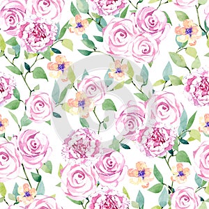 Watercolor summer  seamless pattern with flowers and branches. Flat Graphic florals. Mid and Large scale blooms.