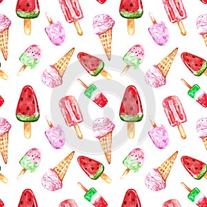 Watercolor seamless pattern with fruit popsicles and ice cream, isolated on white background. Summer bright dessert print