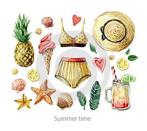 Watercolor summer set with leafs, exotic fruits, ice cream, cold drinks, watermelon and swimsuit. Hand drawn vintage